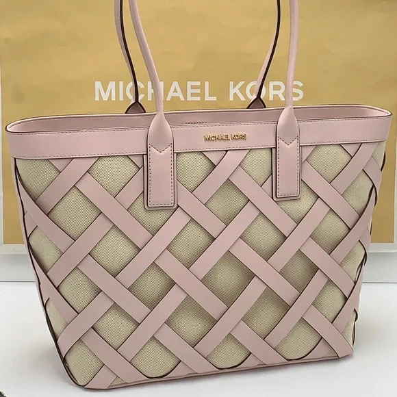 Michael Kors Sienna Large Tote Shoulder Bag Powder Blush Leather Canvas - Picture 4 of 16